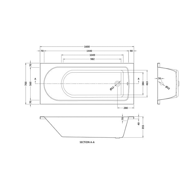 Voda 1600mm Single Ended Straight Bath