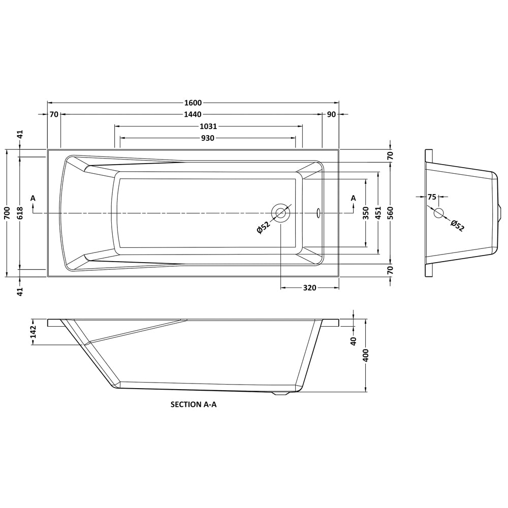 1600mm Modern Single Ended Straight Bath