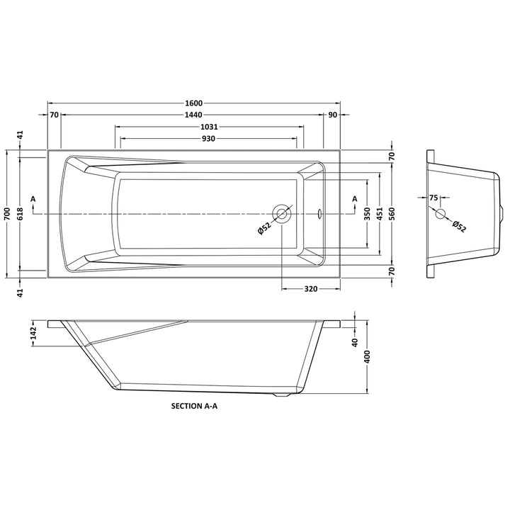 1600mm Modern Single Ended Straight Bath