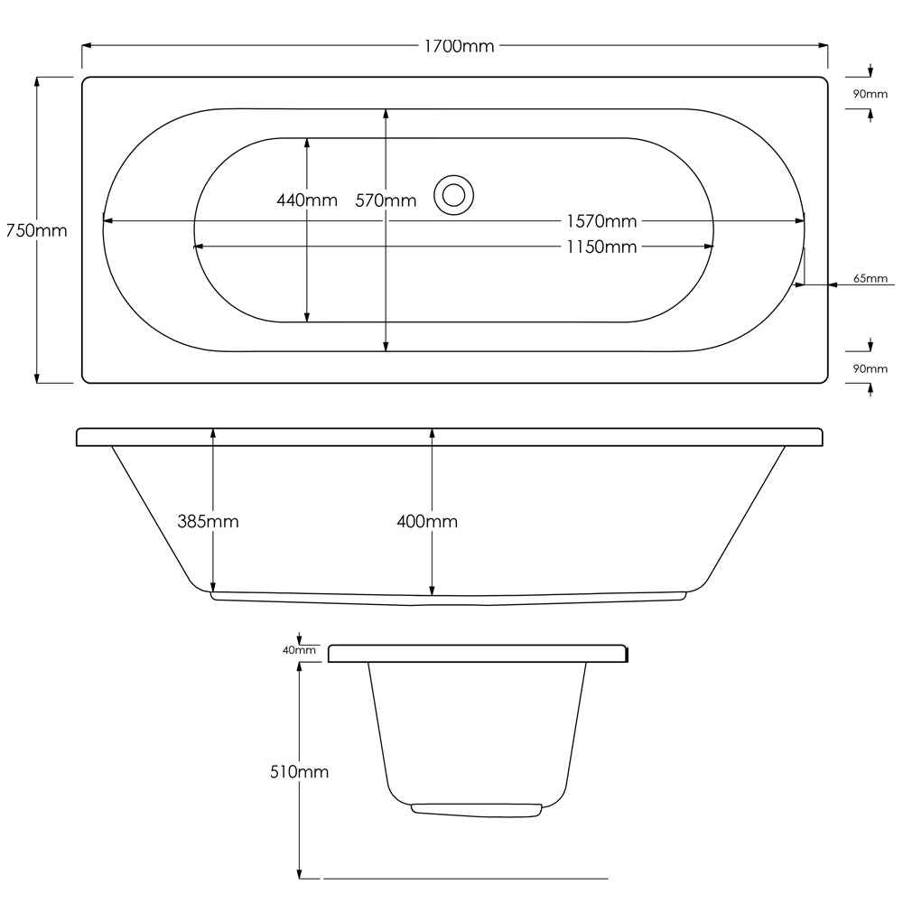 Double Ended Straight Bath 1700 x 750mm