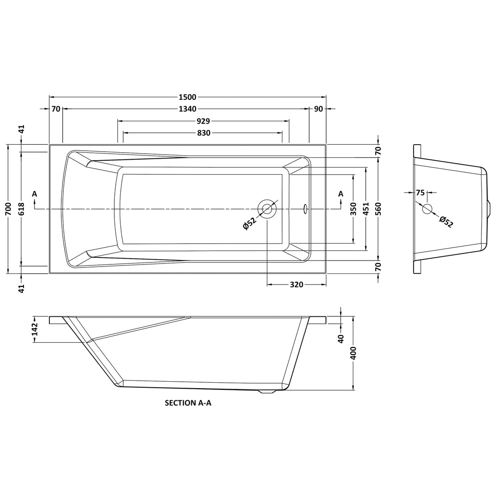1500mm Modern Single Ended Straight Bath