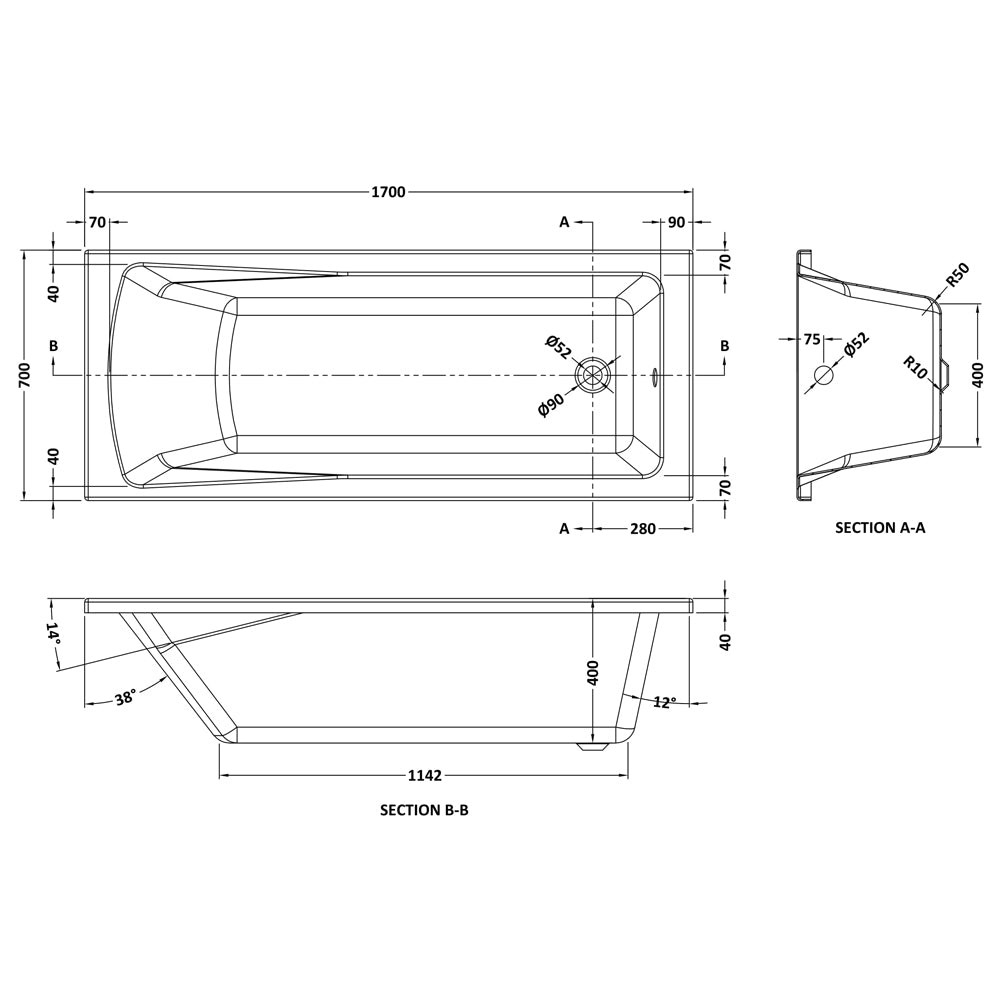 1700mm Single Ended Straight Bath