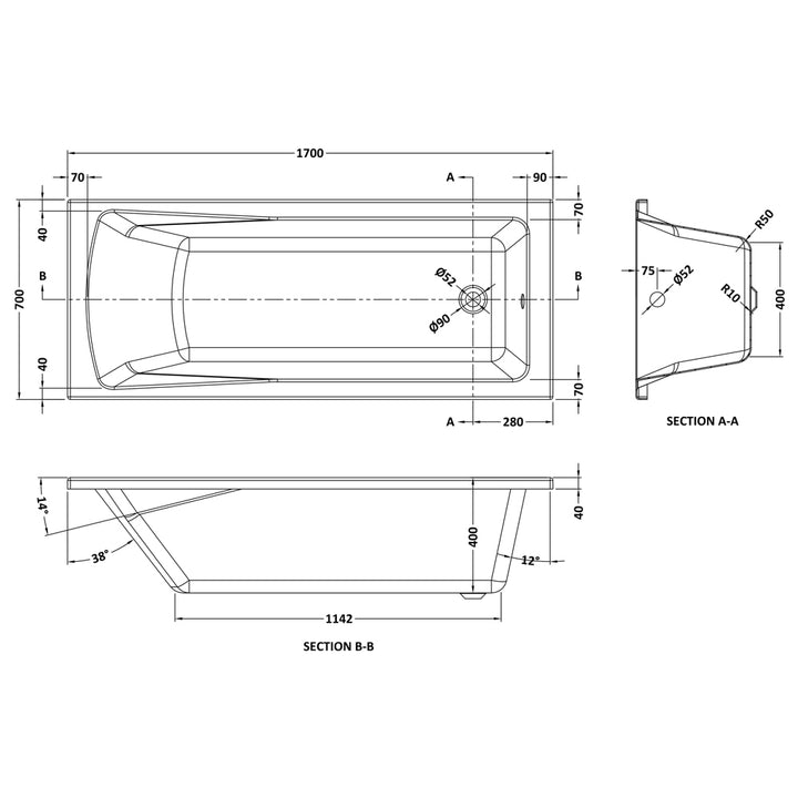 1700mm Single Ended Straight Bath