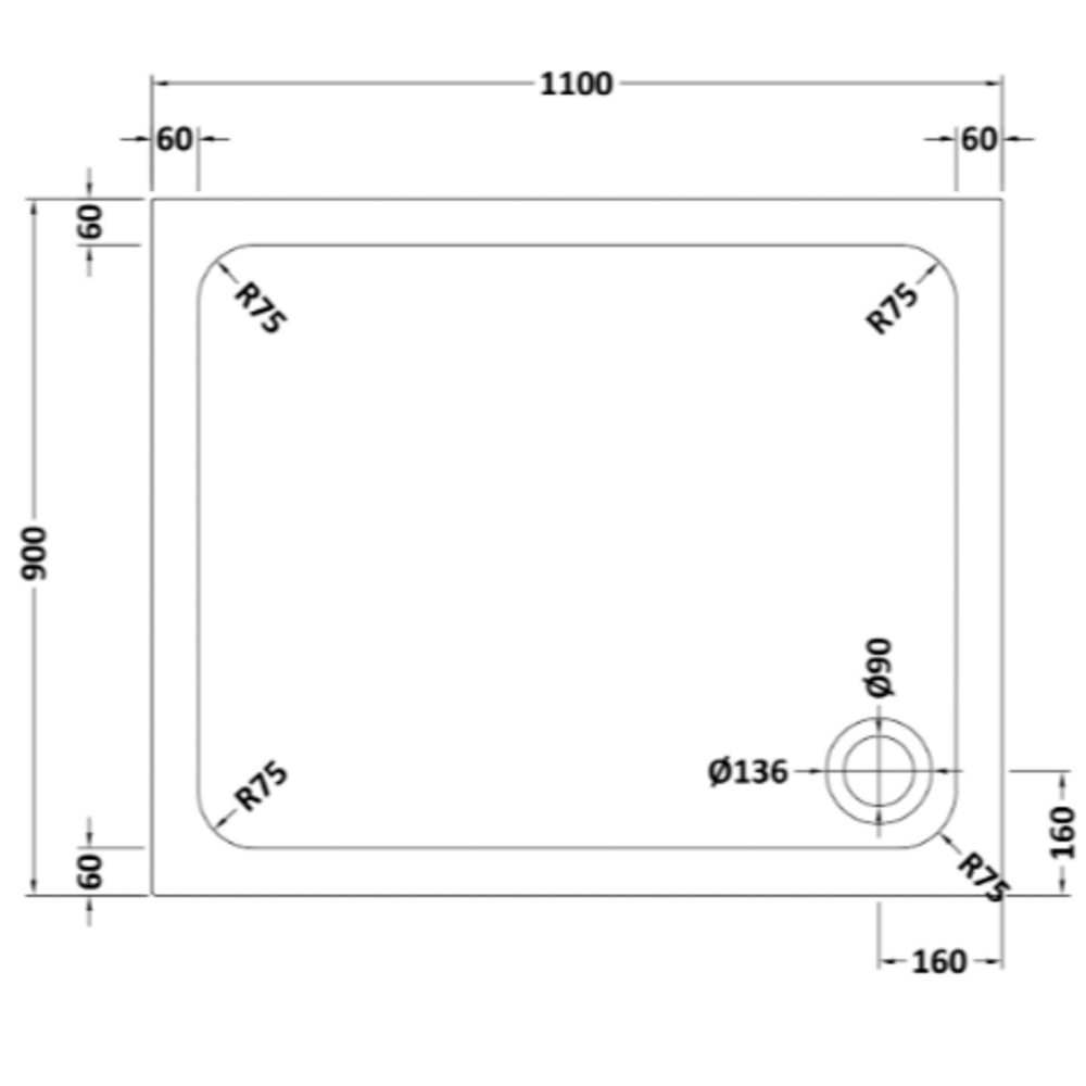 Hydro45 1100 x 900mm White Rectangular Shower Tray