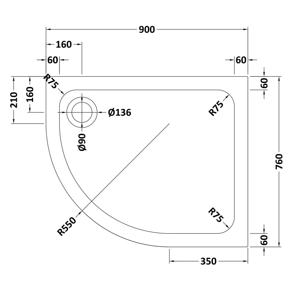 Offset Quadrant Shower Tray Left Hand 900x760mm - Jewel by Voda Design