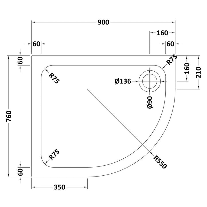 Offset Quadrant Shower Tray Right Hand 900x760mm - Jewel by Voda Design