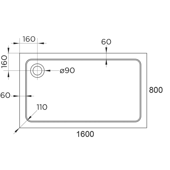 Hydro45 1600 x 800mm White Rectangular Shower Tray