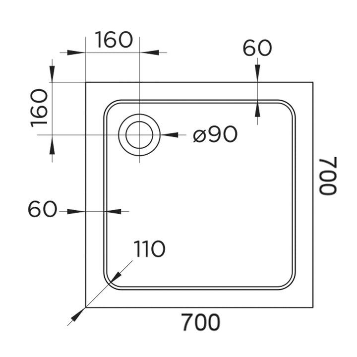 Hydro45 700 x 700mm White Square Shower Tray