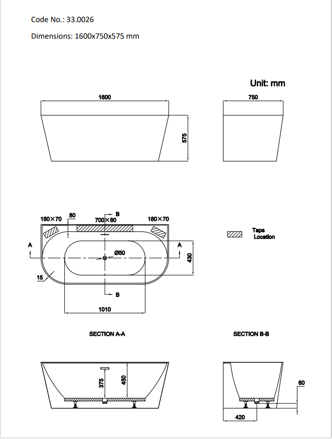 Brockland 1600x750x570 Freestanding Bath