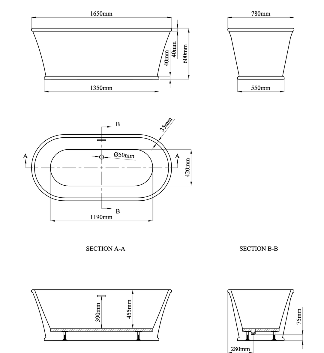 Reed 1650mm Freestanding Bath Inc Waste- REED1650