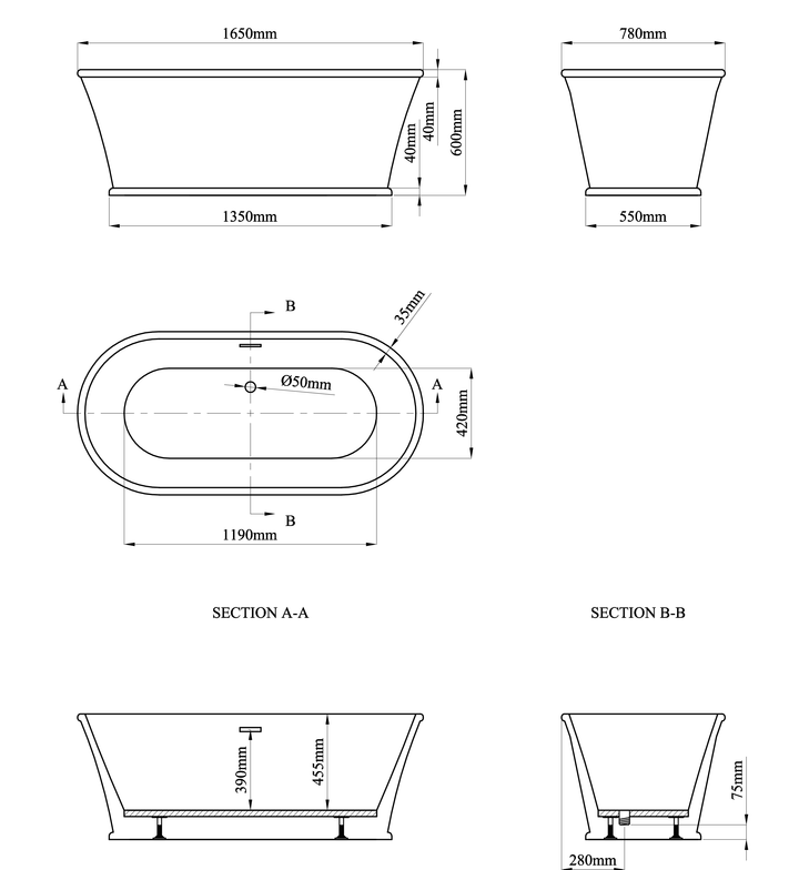 Reed 1650mm Freestanding Bath Inc Waste- REED1650