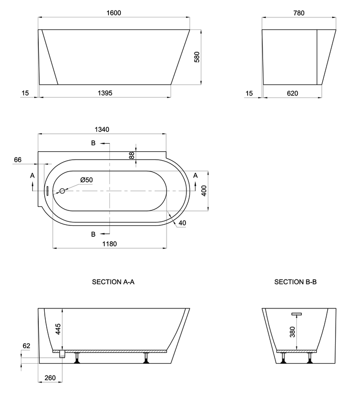 Melia 1600 LH Freestanding Back To Wall Bath Inc Waste- MELIA1600LH