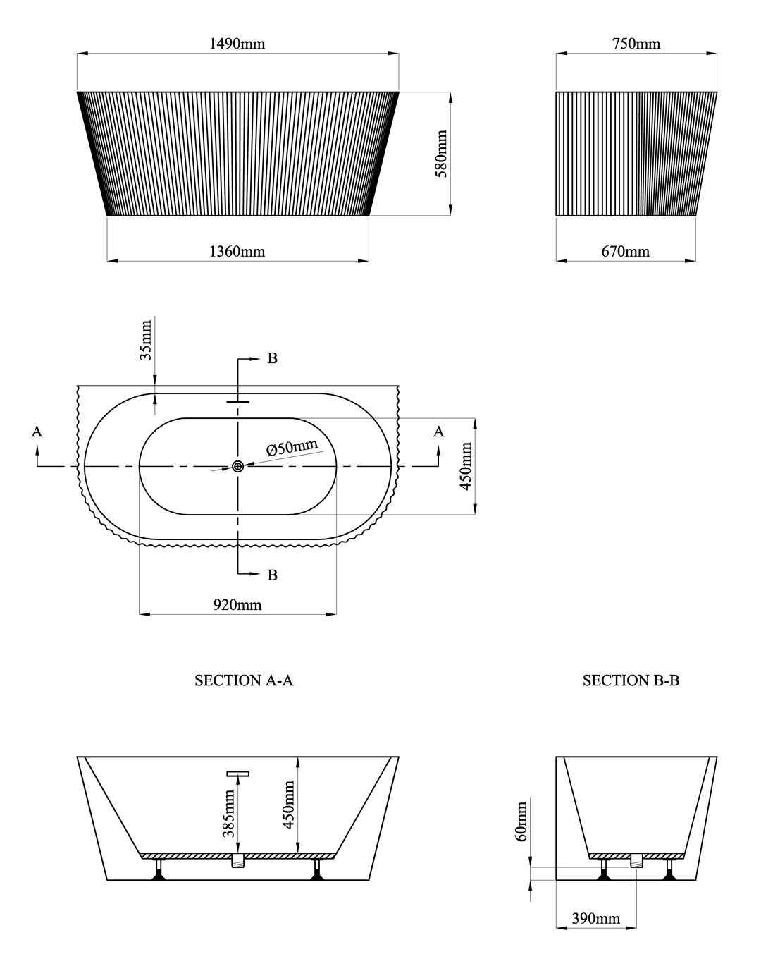 Baxenden 1500 D Shaped Back To Wall Bath Inc waste- BAXD1500