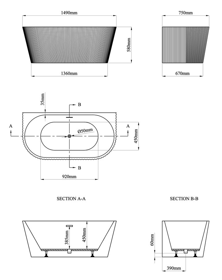 Baxenden 1500 D Shaped Back To Wall Bath Inc waste- BAXD1500