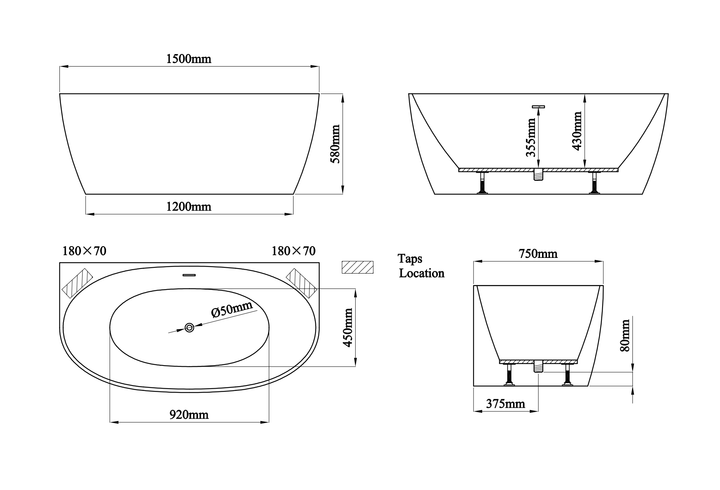 Grassmere Back To Wall Freestanding Bath 1500x750mm- GRASS1500