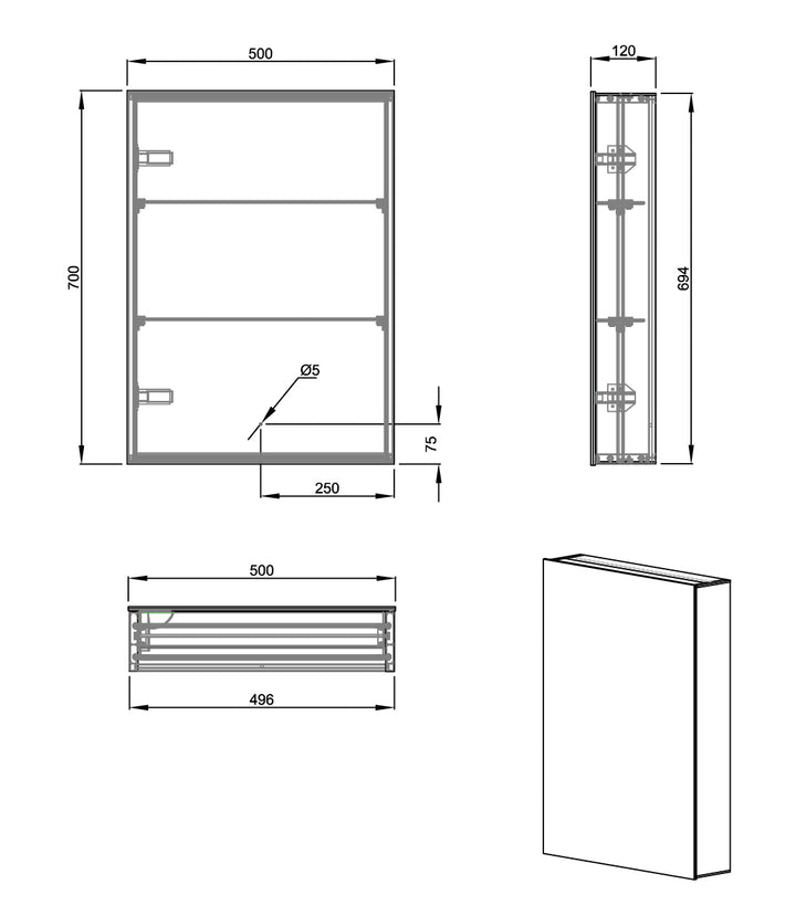 Ravini 500 x 700 x 120 1 Door Mirror Cabinet