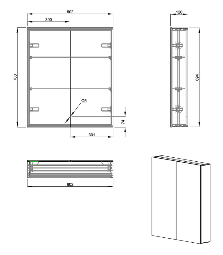 Ravini 600 x 700 x 120 2 Door Mirror Cabinet