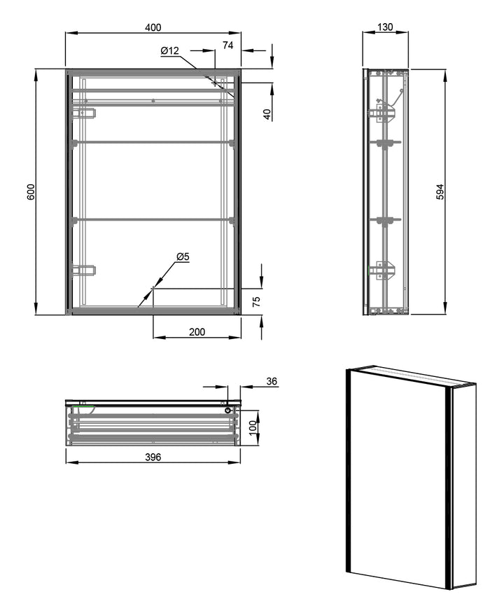 Caldini 400 x 600 x 130 LED 1 Door Mirror Cabinet