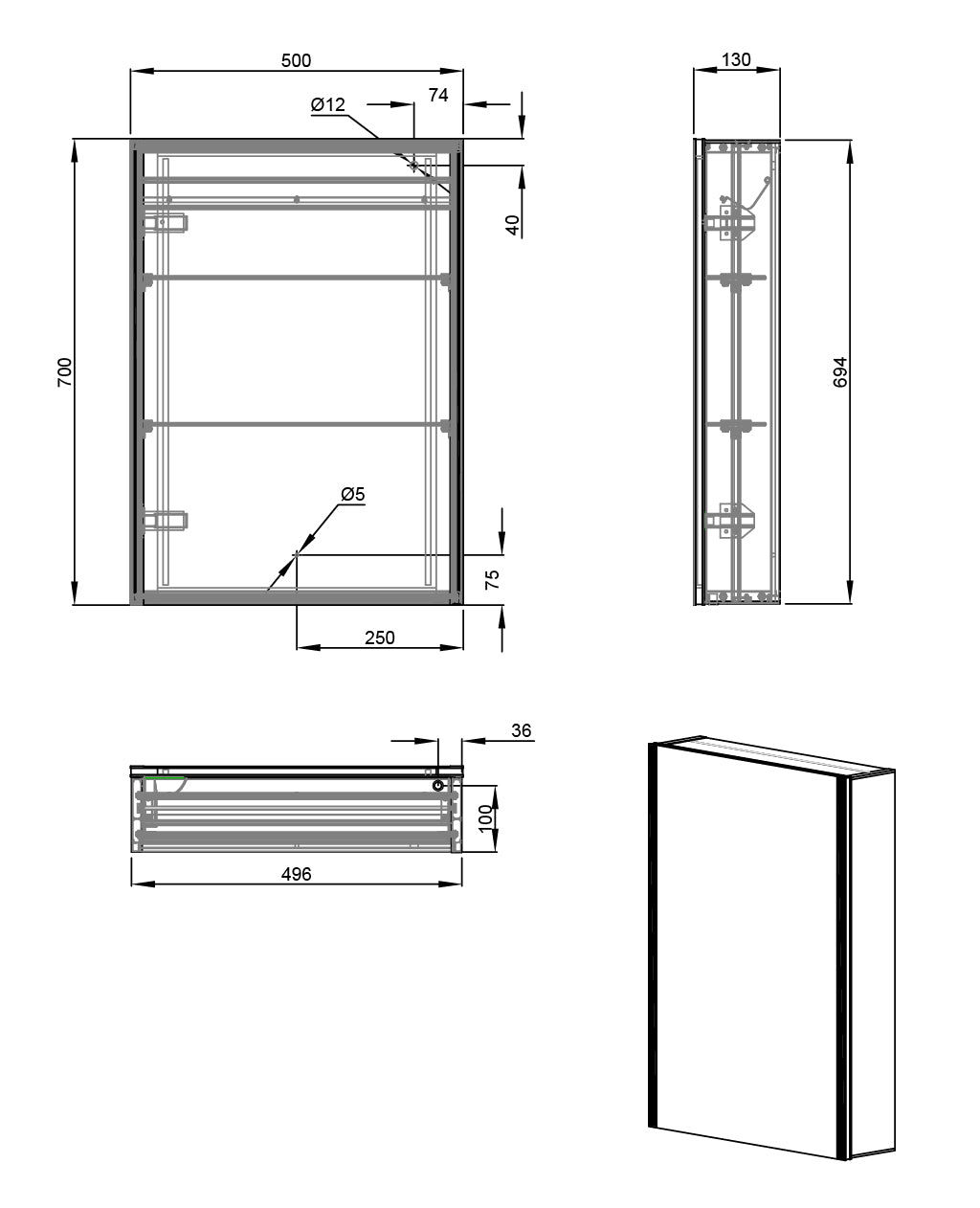 Caldini 500 x 700 x 130 LED 1 Door Mirror Cabinet