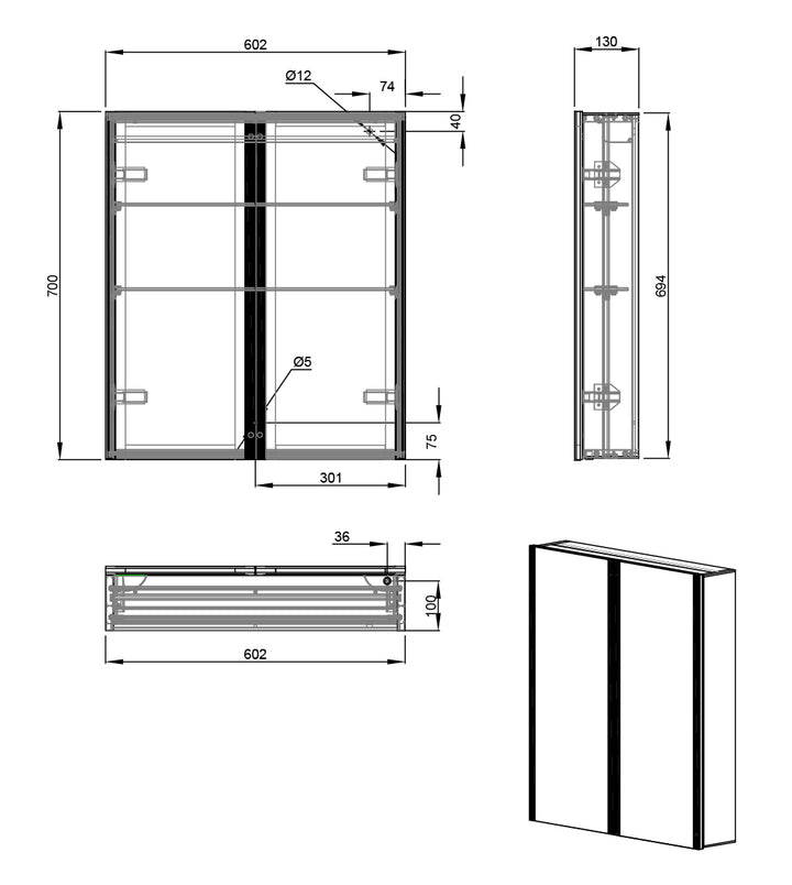 Caldini 600 x 700 x 130 LED 2 Door Cabinet Mirror