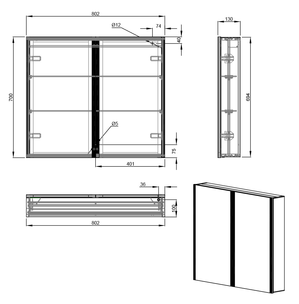 Caldini 800 x 700 x 130 LED 2 Door Mirror Cabinet