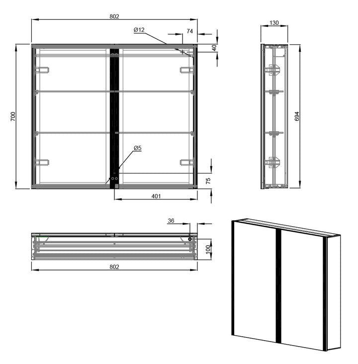 Caldini 800 x 700 x 130 LED 2 Door Mirror Cabinet