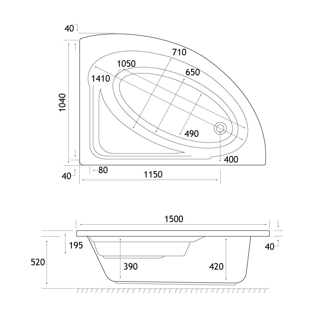 Lundy Offset Corner Bath 1500x1040 LH (400) 5mm