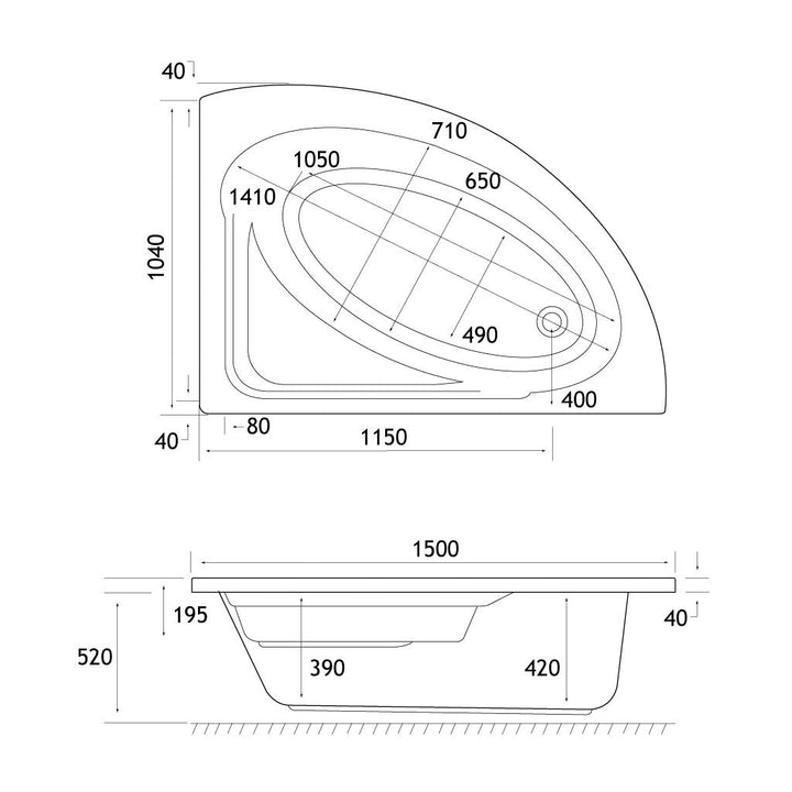 Lundy Offset Corner Bath 1500x1040 LH (400) 5mm