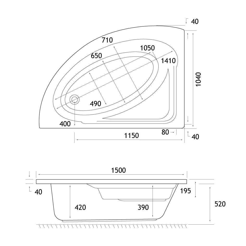 Lundy Offset Corner Bath 1500x1040 RH (400) 5mm