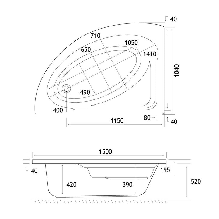 Lundy Offset Corner Bath 1500x1040 RH (400) 5mm