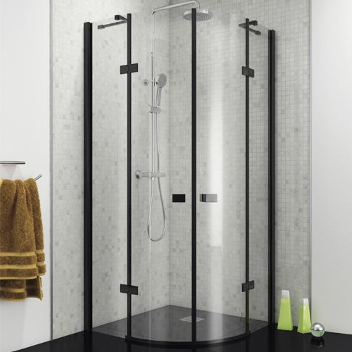Black 800mm Frameless Quadrant Hinged Enclosure - Kaso 8 Star by Voda Design (8mm Thick)