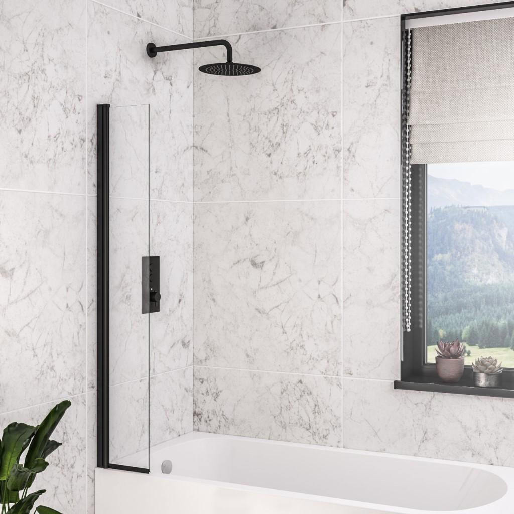6mm Matt Black Hinge Bath Screen 300 x 1400