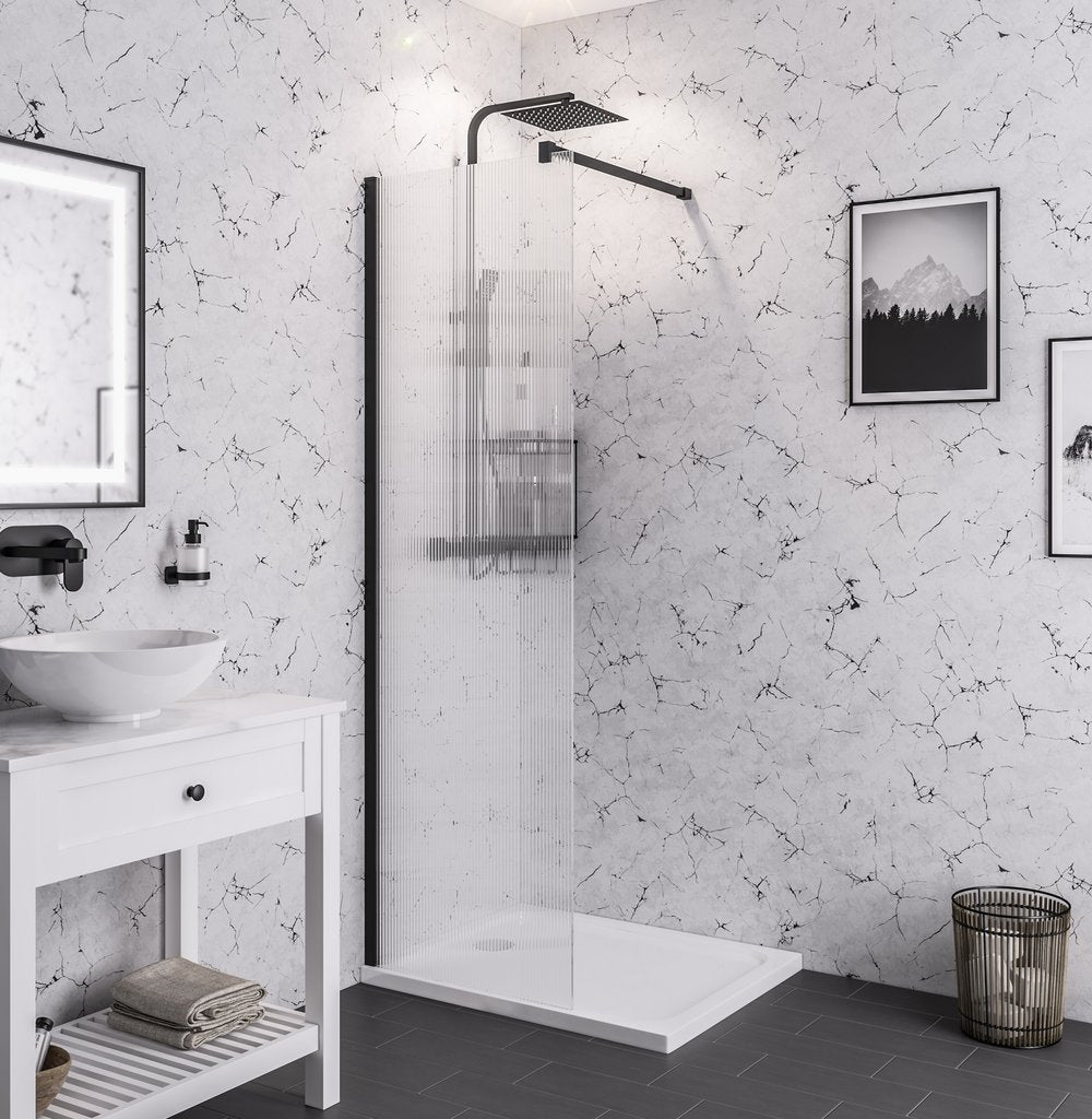 Vantage 2000 8mm Fluted Glass Walk In Wetroom Panel 1400 x 2000 Black
