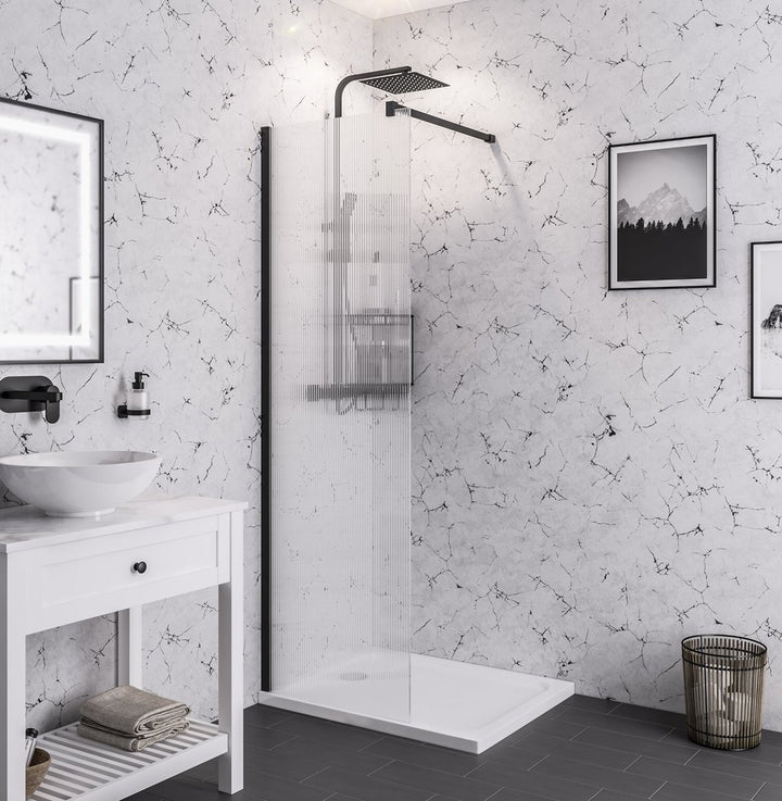 Vantage 2000 8mm Fluted Glass Walk In Wetroom Panel 1600 x 2000 Black