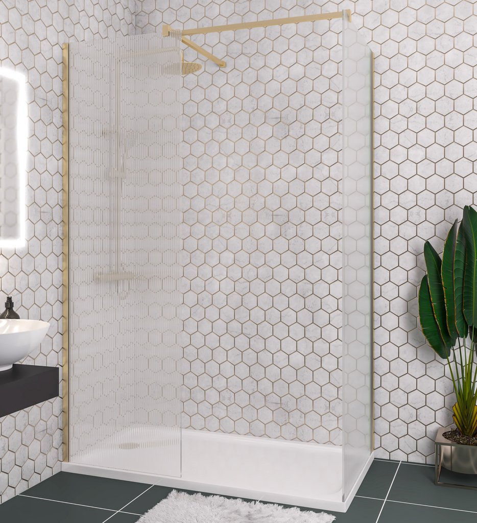 Vantage 2000 8mm Fluted Glass Walk In Wetroom Panel 1600 x 2000 Brushed Brass