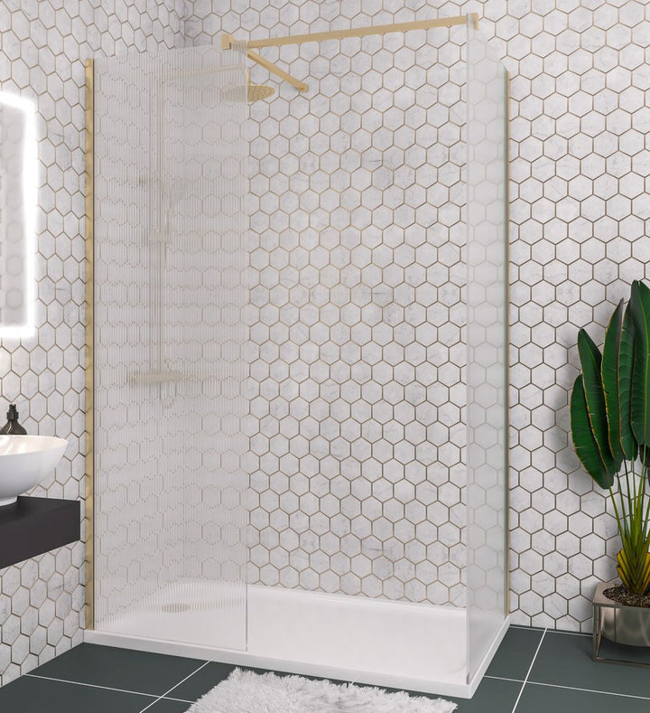 Vantage 2000 8mm Fluted Glass Walk In Wetroom Panel 1600 x 2000 Brushed Brass