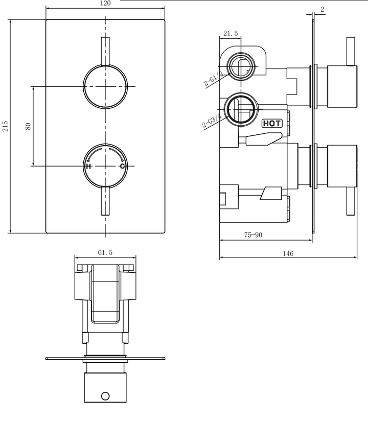Modern Round Thermostatic Two Way Concealed Shower Valve - 60.1009