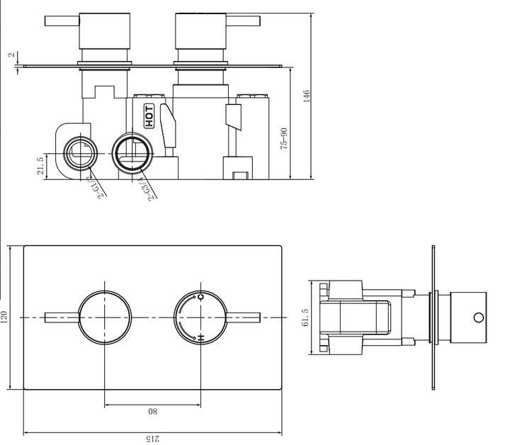 Modern Round Thermostatic Two-Way Concealed Shower Valve