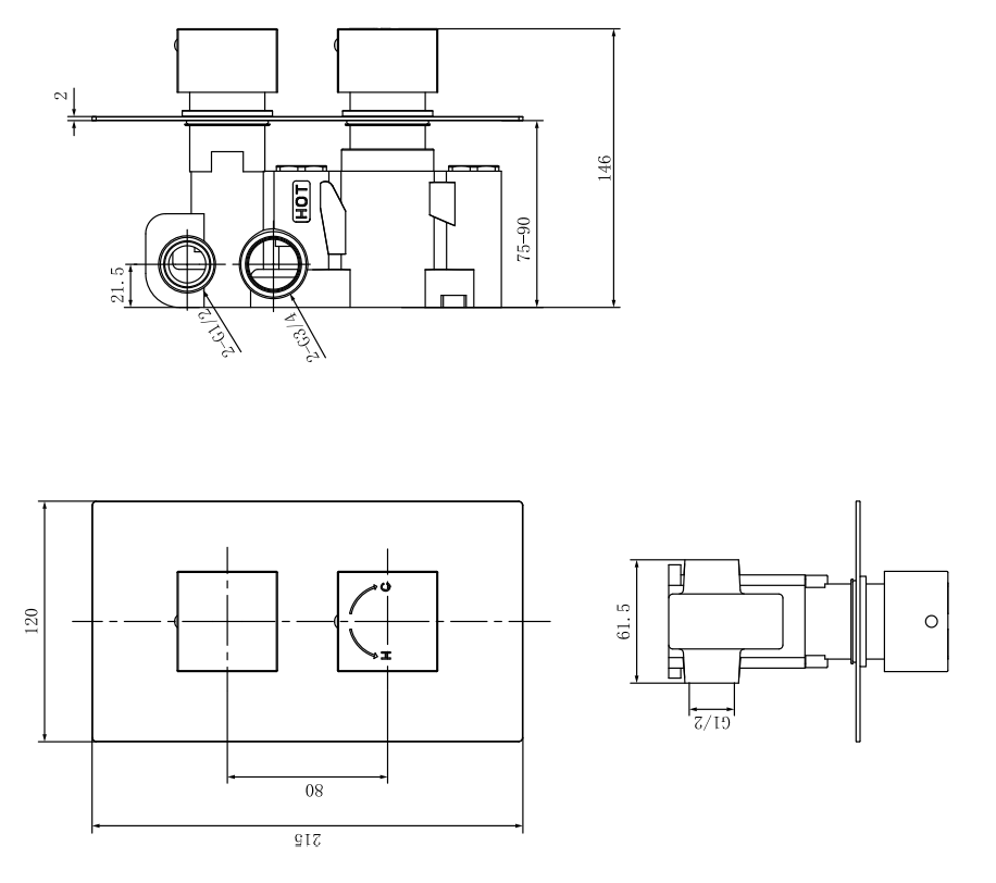 Modern Square Thermostatic Two-Way Concealed Shower Valve