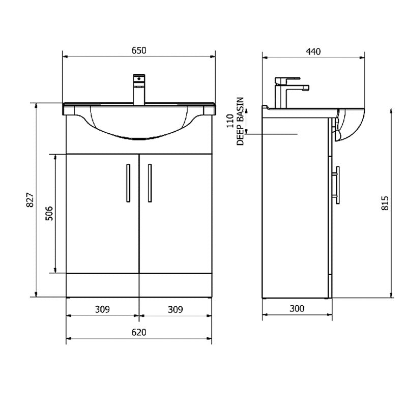 Black 650mm 2 Door Floor Standing With Basin - Oslo By Voda Design