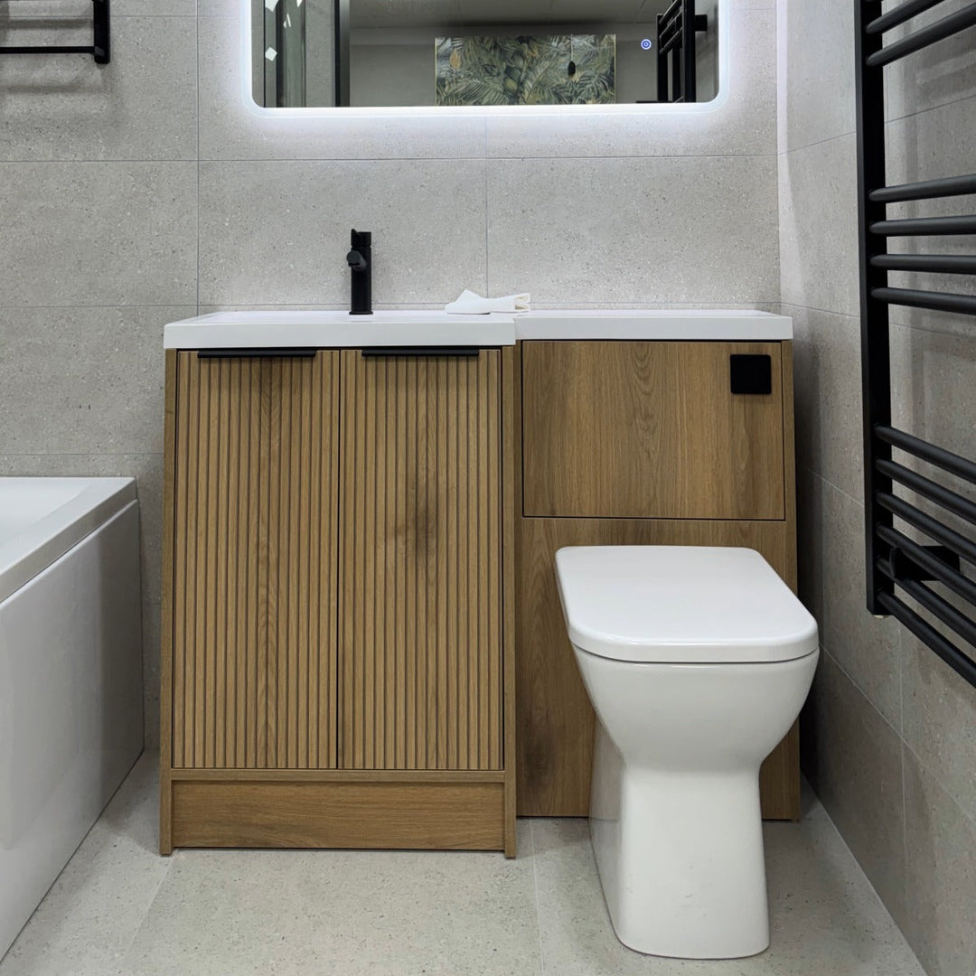 Voda Linea Combination Vanity Unit & WC Pack with L-Shaped Basin - Left Hand - Black - Drift Oak