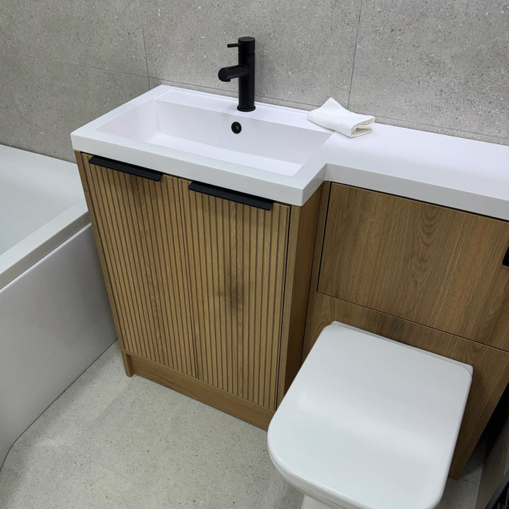 Voda Linea Combination Vanity Unit & WC Pack with L-Shaped Basin - Left Hand - Black - Drift Oak