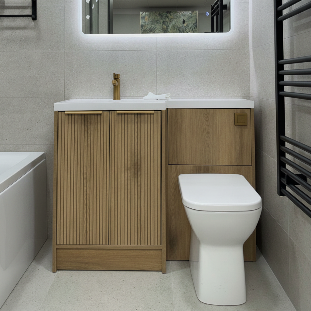 Voda Linea Combination Vanity Unit & WC Pack with L-Shaped Basin - Left Hand - Brushed Brass - Drift Oak