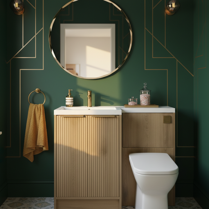 Voda Linea Combination Vanity Unit & WC Pack with L-Shaped Basin - Left Hand - Brushed Brass - Drift Oak