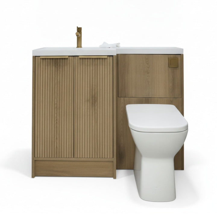 Voda Linea Combination Vanity Unit & WC Pack with L-Shaped Basin - Left Hand - Brushed Brass - Drift Oak