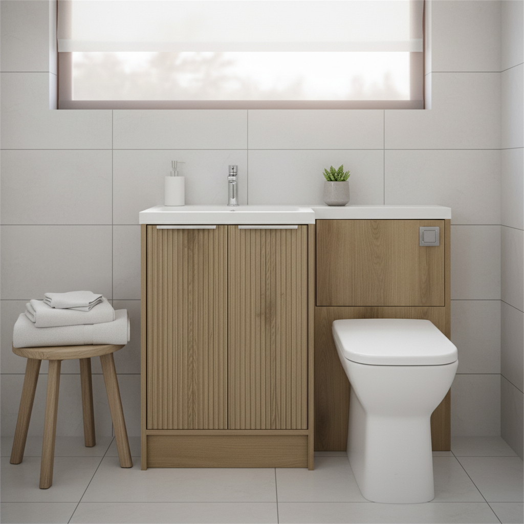 Voda Linea Combination Vanity Unit & WC Pack with L-Shaped Basin - Left Hand - Chrome - Drift Oak