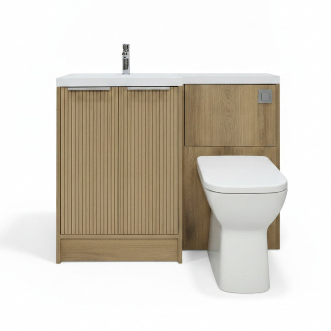 Voda Linea Combination Vanity Unit & WC Pack with L-Shaped Basin - Left Hand - Chrome - Drift Oak