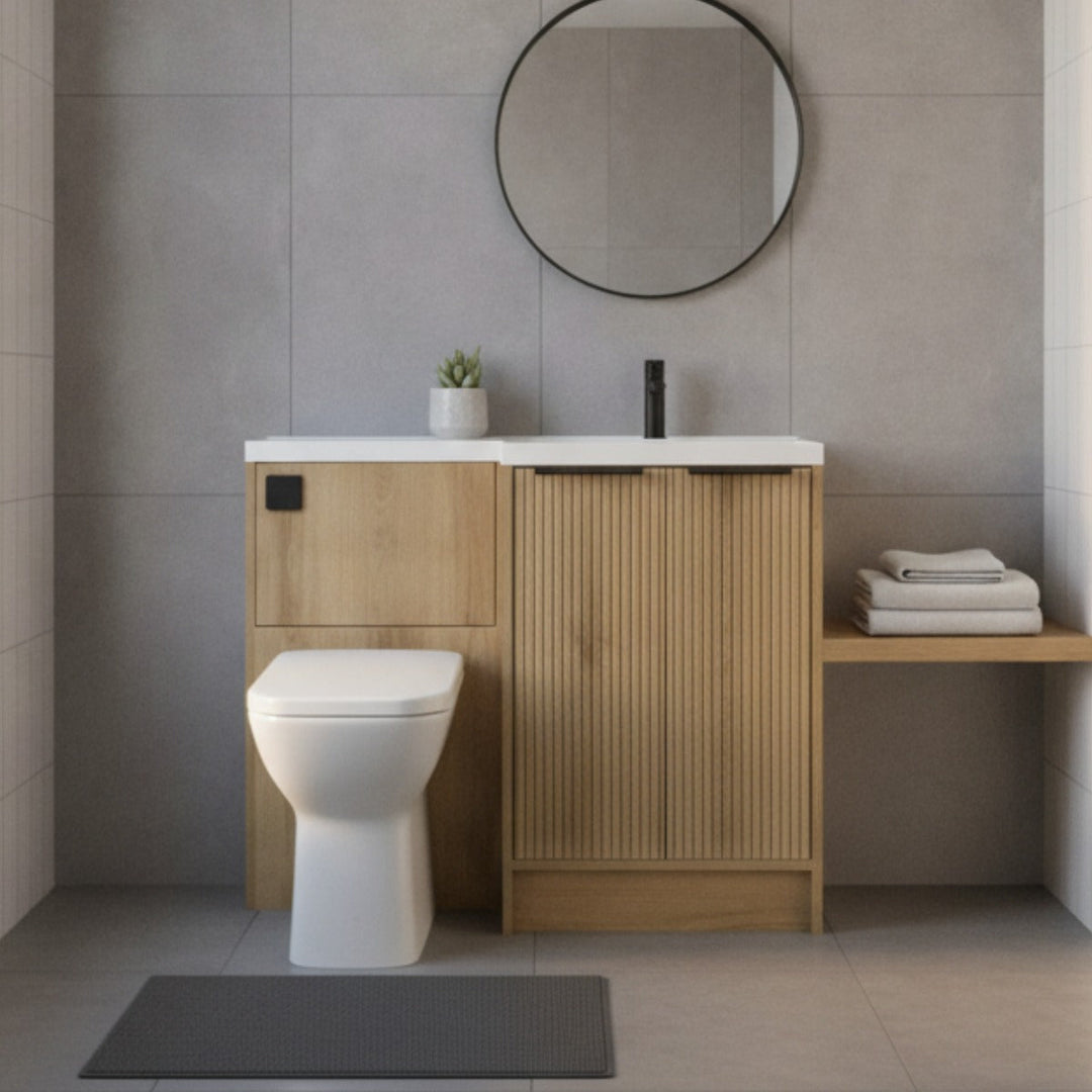 Voda Linea Combination Vanity Unit & WC Pack with L-Shaped Basin - Right Hand - Black - Drift Oak