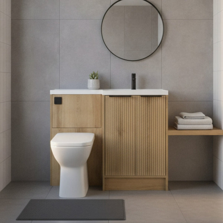 Voda Linea Combination Vanity Unit & WC Pack with L-Shaped Basin - Right Hand - Black - Drift Oak
