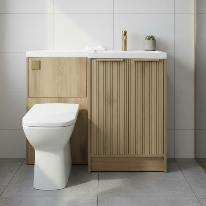 Voda Linea Combination Vanity Unit & WC Pack with L-Shaped Basin - Right Hand - Brushed Brass - Drift Oak